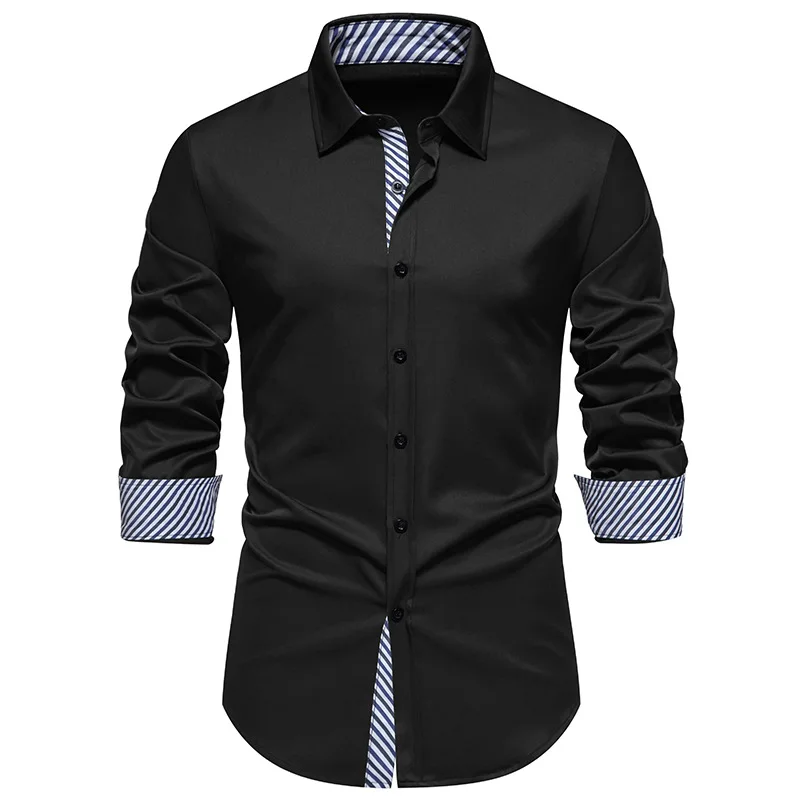 

Mens Striped Patchwork Button Down Dress Shirts 2024 Brand Slim Fit Long Sleeve Shirt Men Business Wedding Social Shirt Male XXL