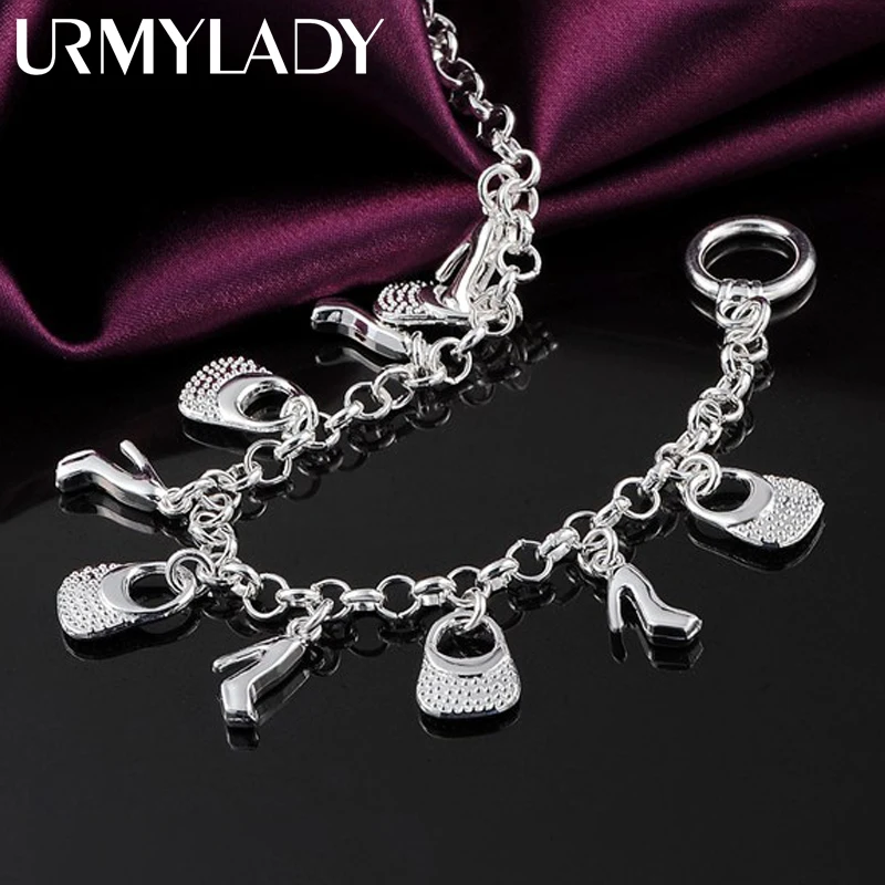 

URMYLADY 925 Silver High Heels Bag Bracelet For Women Wedding Fashion Charm Jewelry