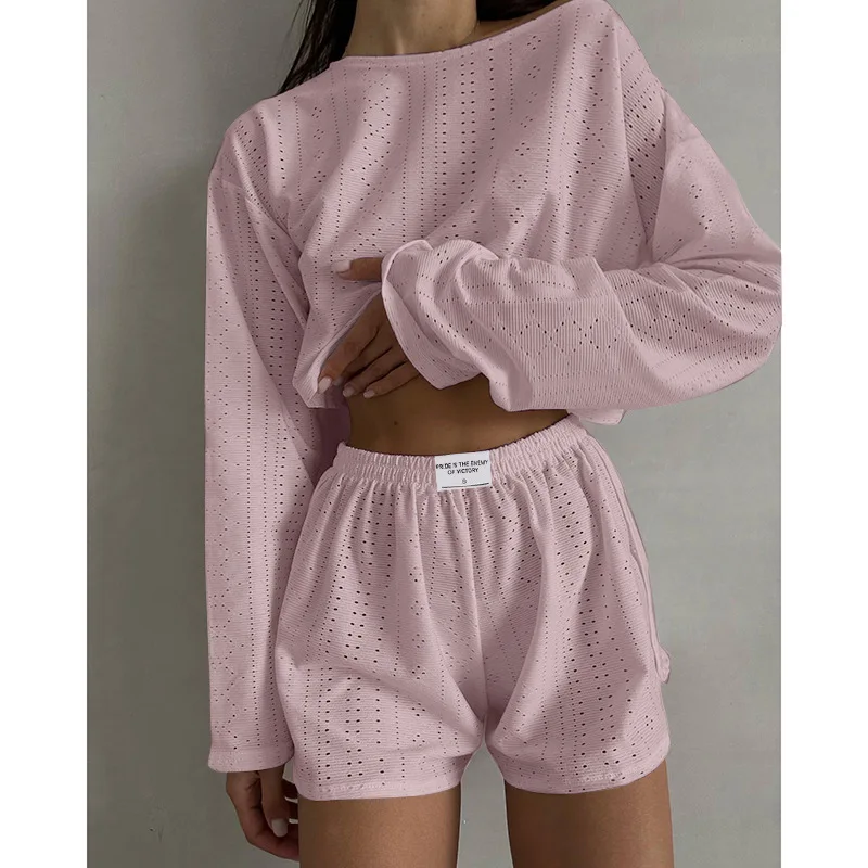 Pajamas for Women Summer Sleepwear Hollow Out Pajama Long Sleeve Tops Shorts Pyjama 2 Piece Set Homewear Nightwear Pijama Mujer