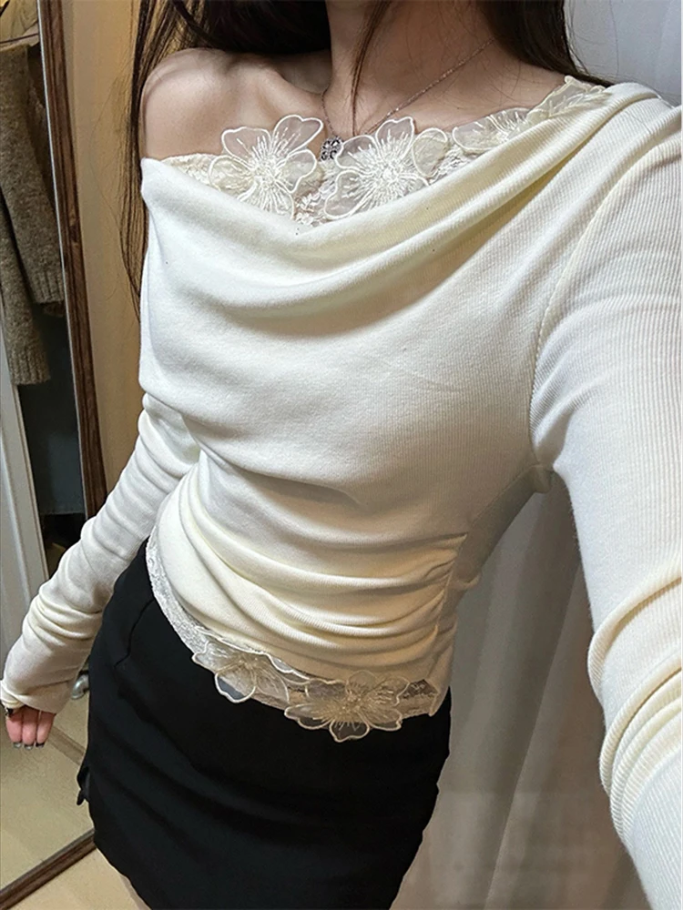 

Кружевная лоскутная нижняя рубашка с длинными рукавами, женская осенняя сексуальная внутренняя рубашка, тонкий топ с открытыми плечами, женская модная футболка