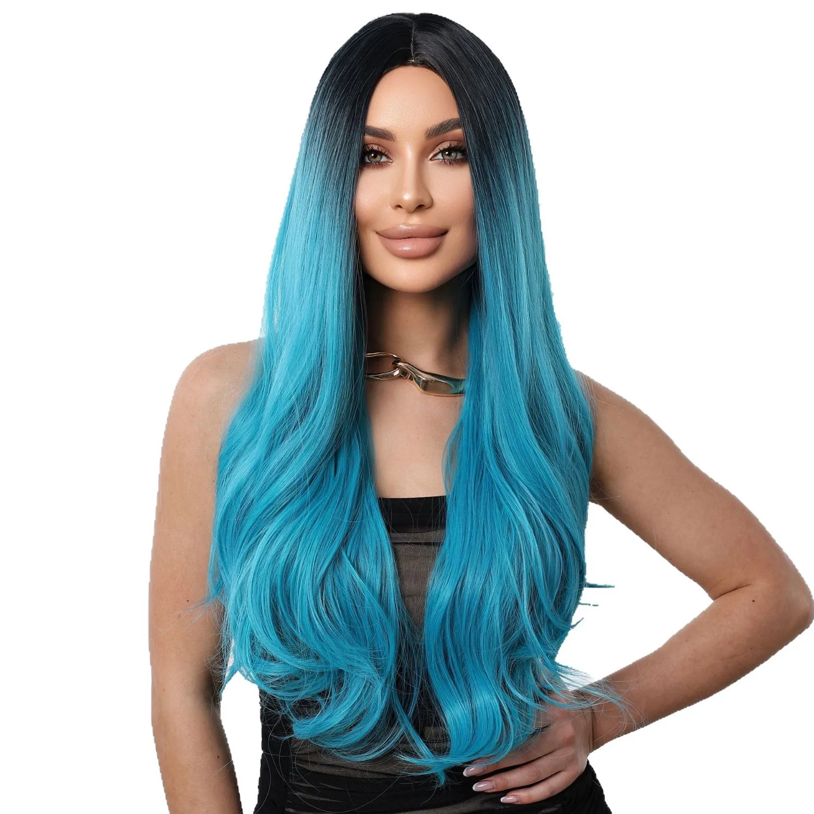 أزياء التغيير التدريجي الأزرق والأسود شعر مستعار طويل مجعد مع نفس مزاجه شعر مستعار واقعي #4