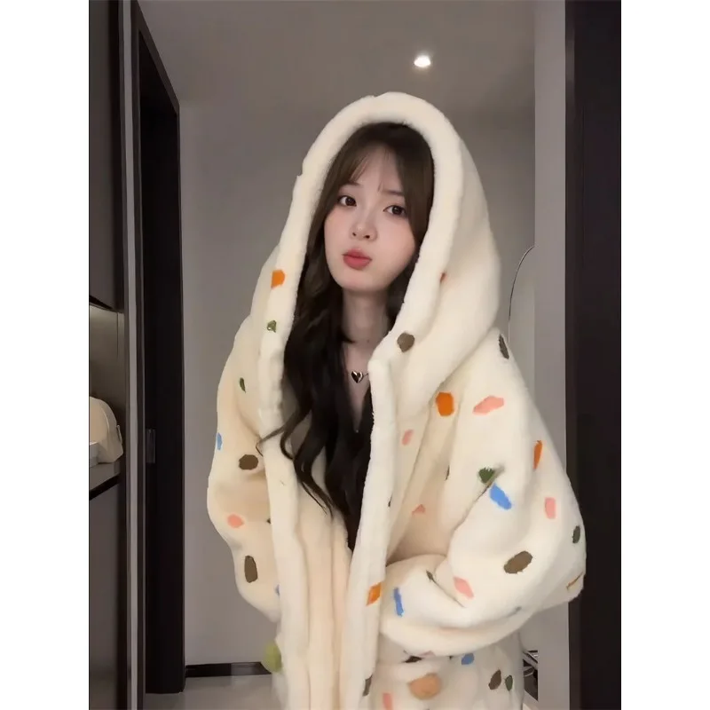 Coral Fleece Night Gown Female in The Winter Season Thickener Cute Hooded Nightdress Flannel Warm Pajamas Loungewear Bathrobe