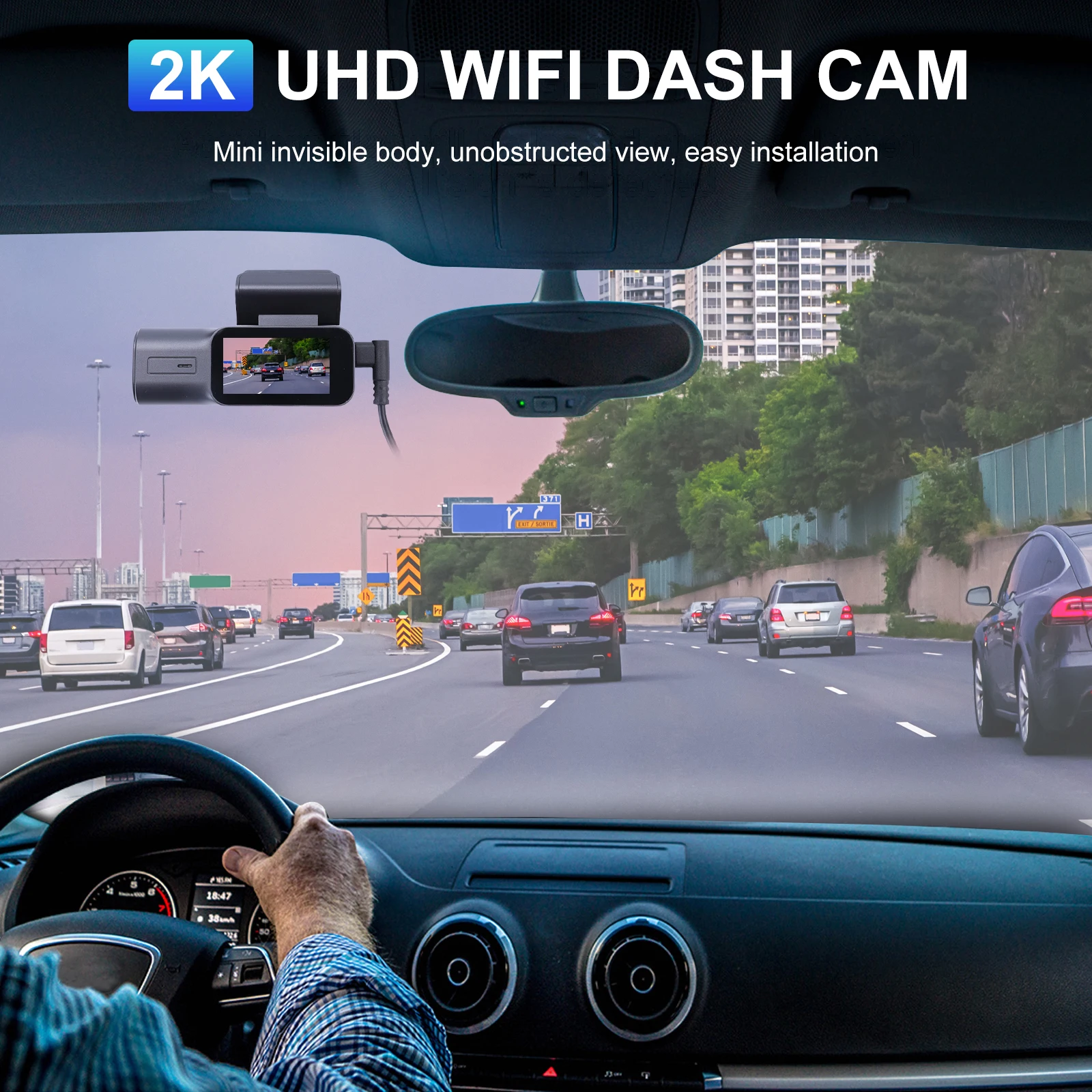 

Видеорегистратор 2K для автомобиля с Wi-Fi 2.4G, ночным видением, WDR, режимом парковки 24/7 и картой памяти 64 ГБ