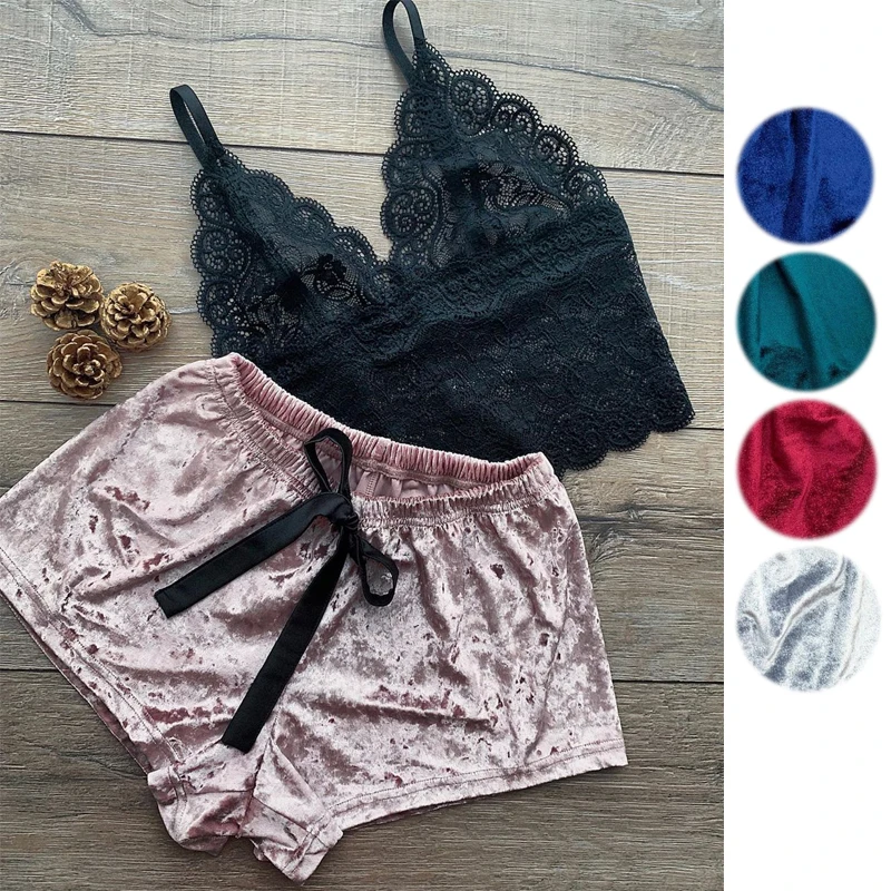 1 Set Sexy Women Lingerie Lace Tops+Velvet Shorts Suits Female Sexy Hollow Out Camisole Bow Breathable Shorts 5 Colors Underwear