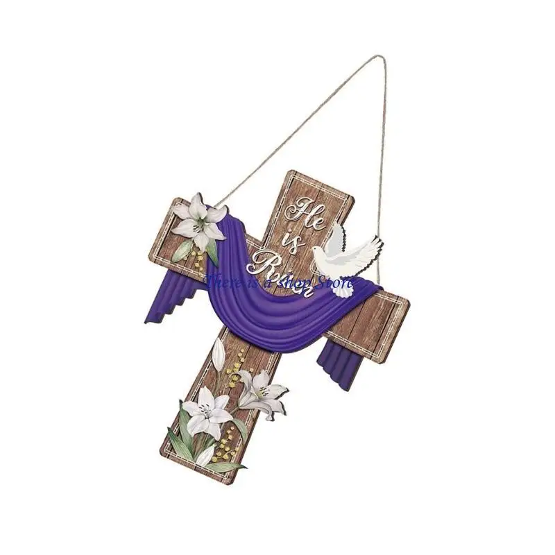 

D0AD Wooden Easters Crosses Door Sign with Lilies Flower Pattern for Christian Religious Faith and Spring Home Decorations