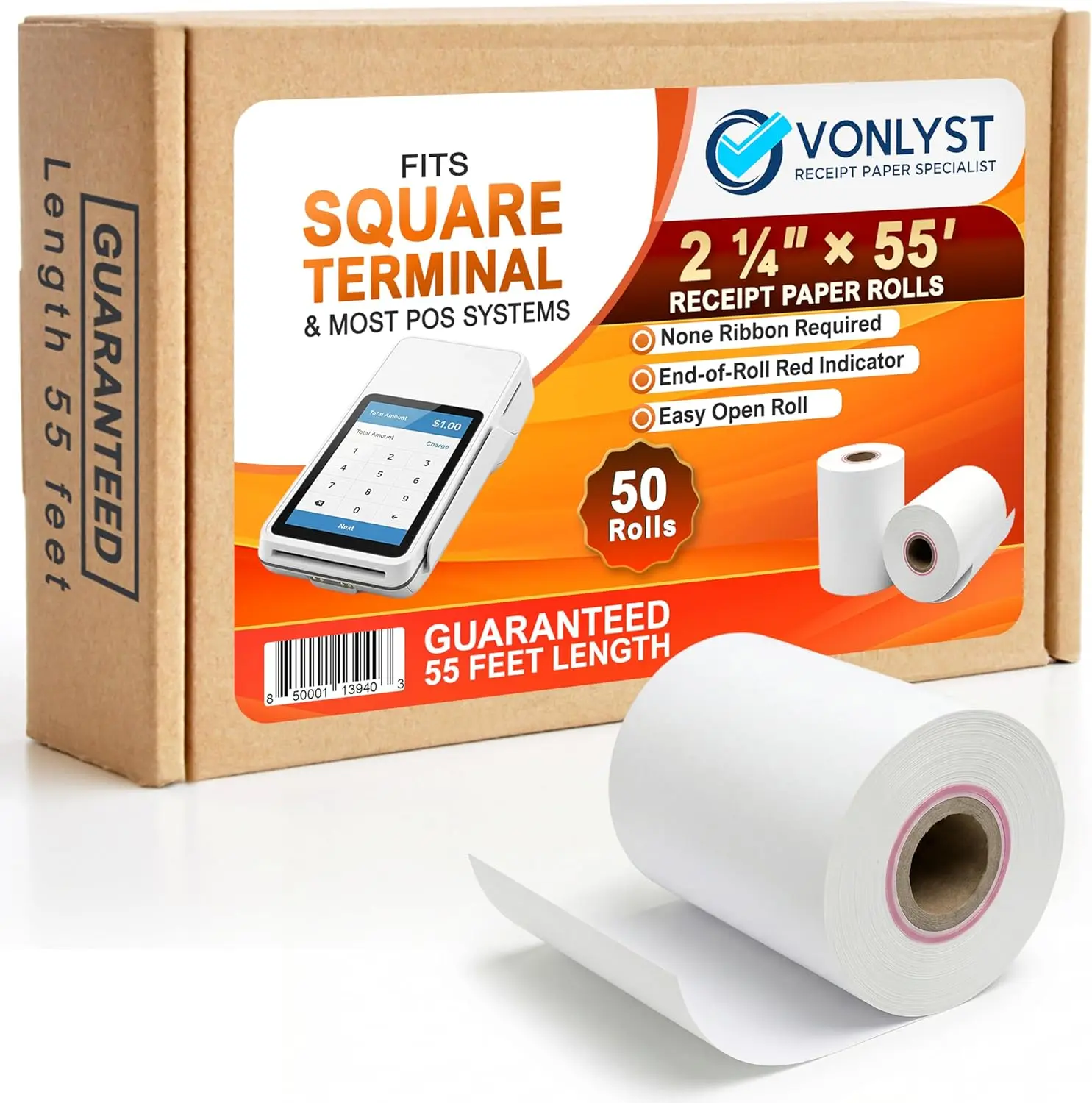 

Square Terminal Thermal Paper Rolls, 2 1/4" x 55', BPA-Free, 50 Pack for POS Printers