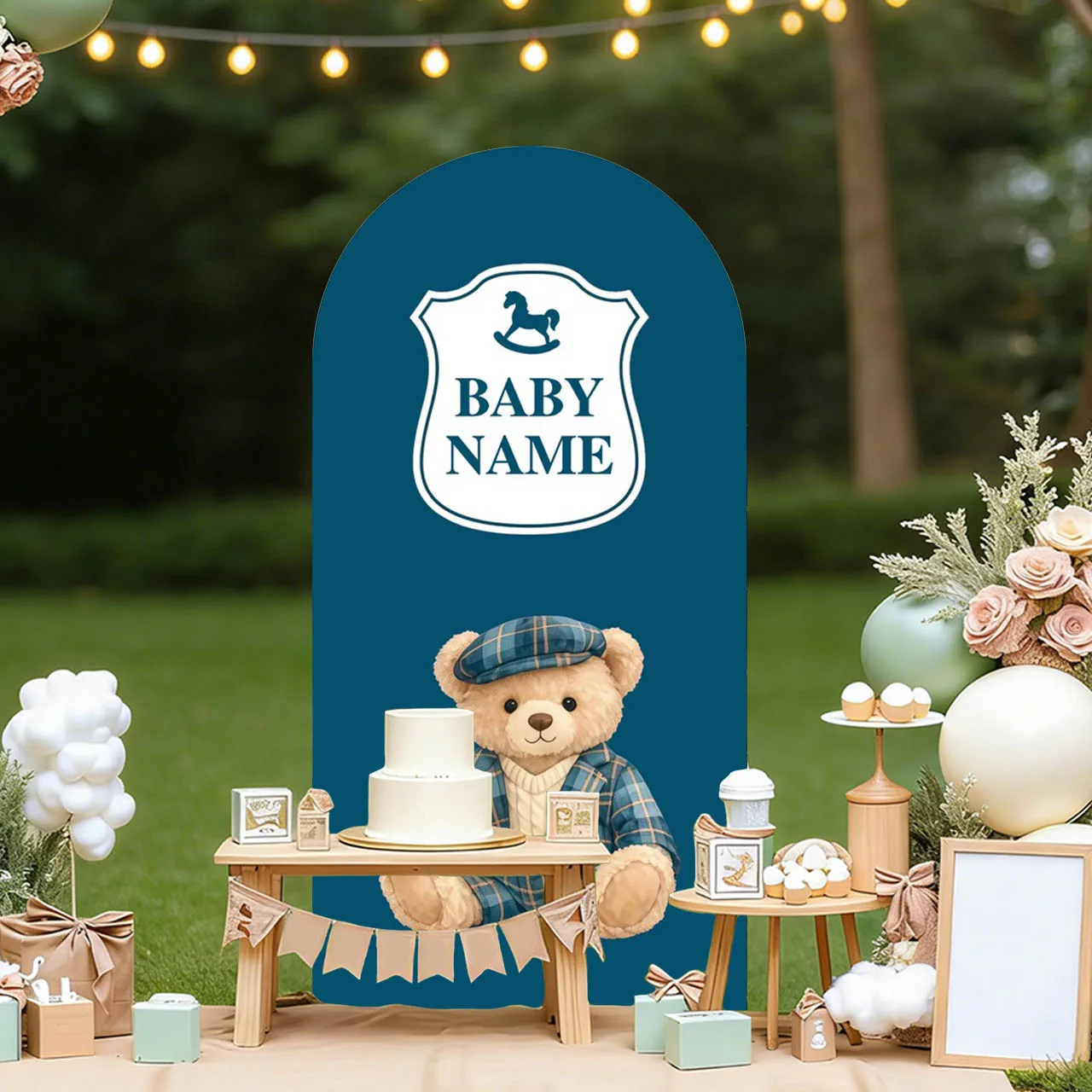 Mehofond Custom 2-Sided Blue Checked Theme Cute Bear Boys Birthday Party Baby Shower Cover Chiara Arch Background Decor Backdrop
