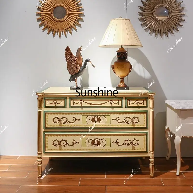 

French Solid Wood Vintage Five-Drawer Cabinet, Small Apartment Storage Cabinet, Entryway Cabinet