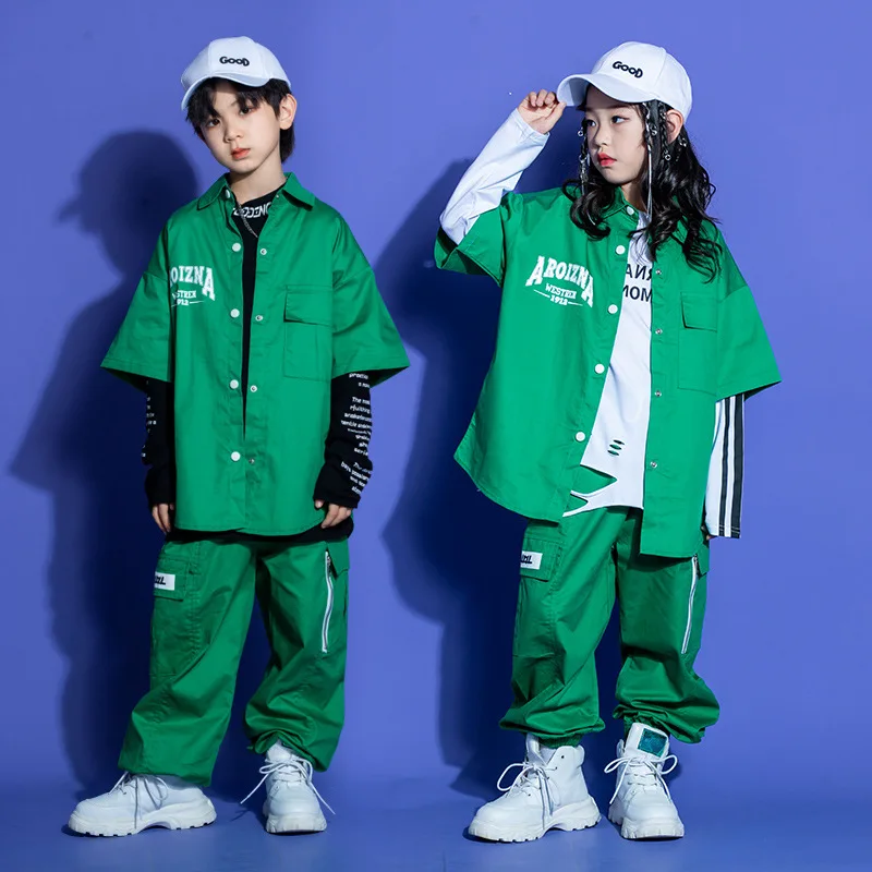 ห้องบอลรูมHip Hop Danceเครื่องแต่งกายสําหรับสาวสีเขียวเสื้อกางเกงKpopชุดเด็กStreetwear Jazz Stageเสื้อผ้า