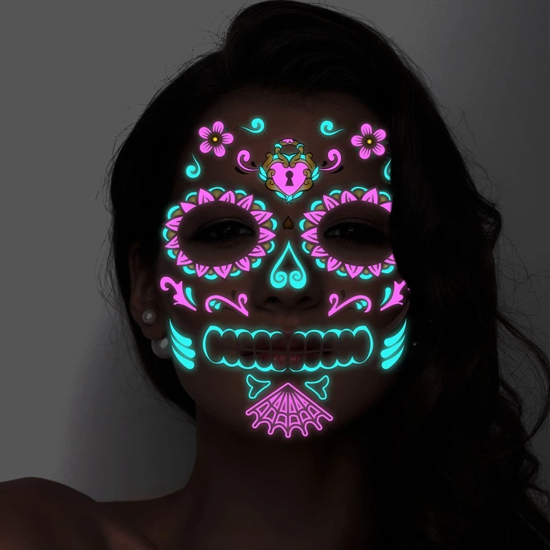 Day of the Dead Halloween  Tattoo Sticker Temporary Skin for Night Bar Party Festival Makeup Tattoo Glow in  Dark Body Sticker