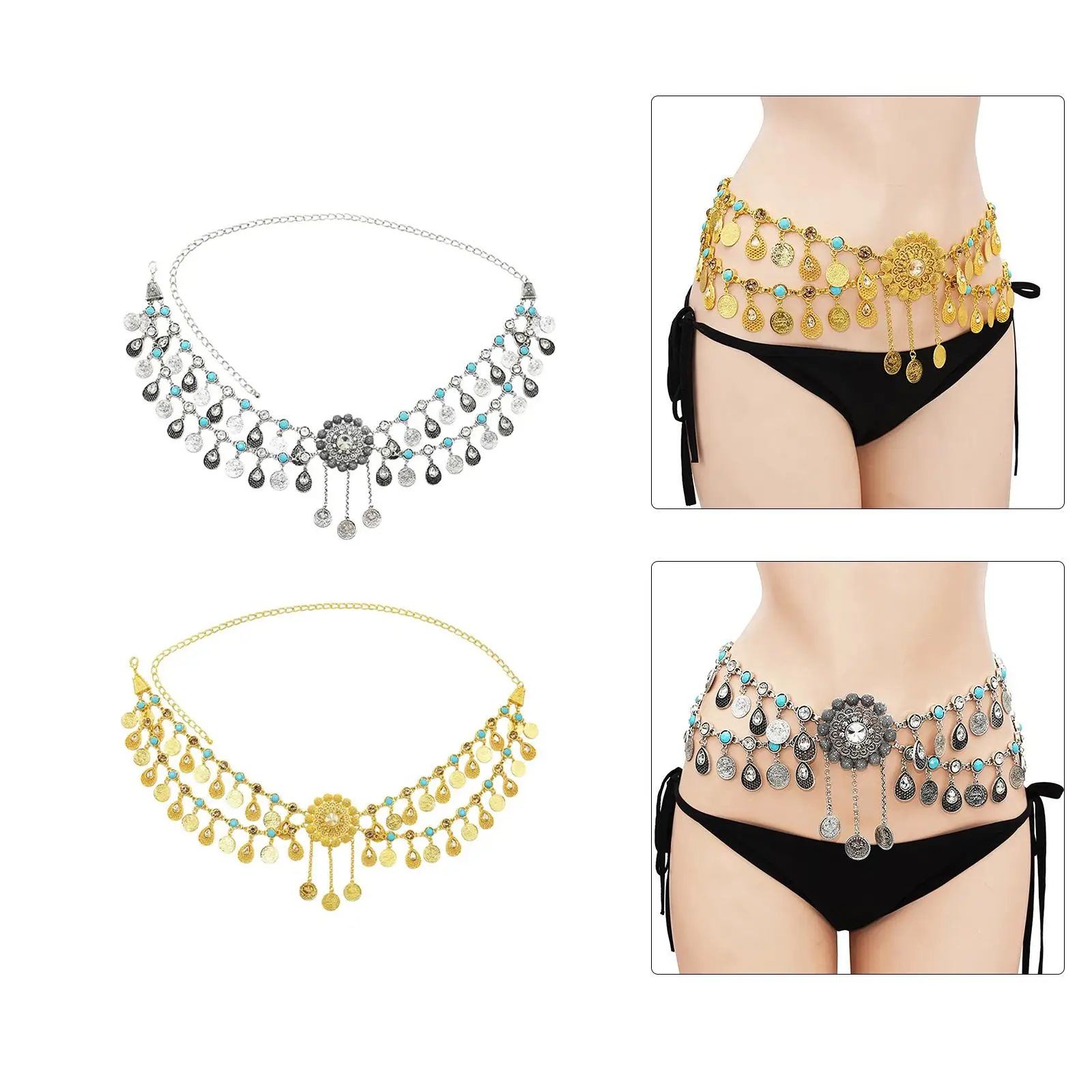 Belly Dance Waist Chain Belt Alloy Women Hip Scarf with Sequins Pendants Tassels for Stage Performance Nightclub Tribal Gypsy