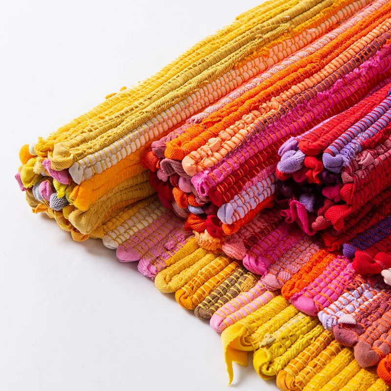 Bohemian Striped Woven Carpet Bedside Rug Water Absorbent Floor Mat Crack Cloth Table Mat Nightstand Cover Blanket Living Room