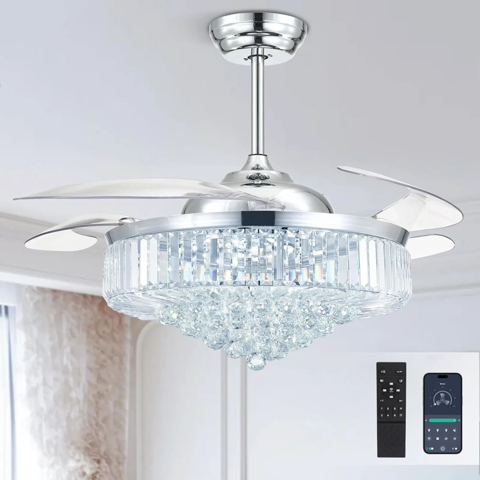 polegadas ventilador de teto com luzes e controle remoto lustre de cristal regulavel ventilador de teto de cristal led us52 01