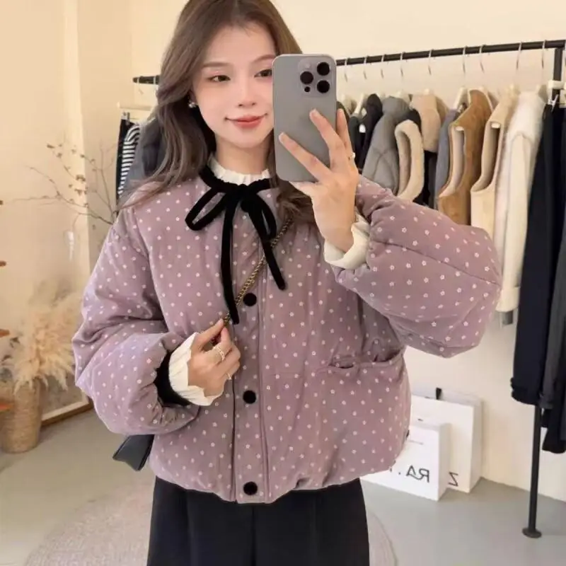 

Corduroy Tie Belt Polka Dot Padded Coat 2025 Winter New Petite Youthful Warm Thick Quilted Jacket Sweet Puffer Women Thickened