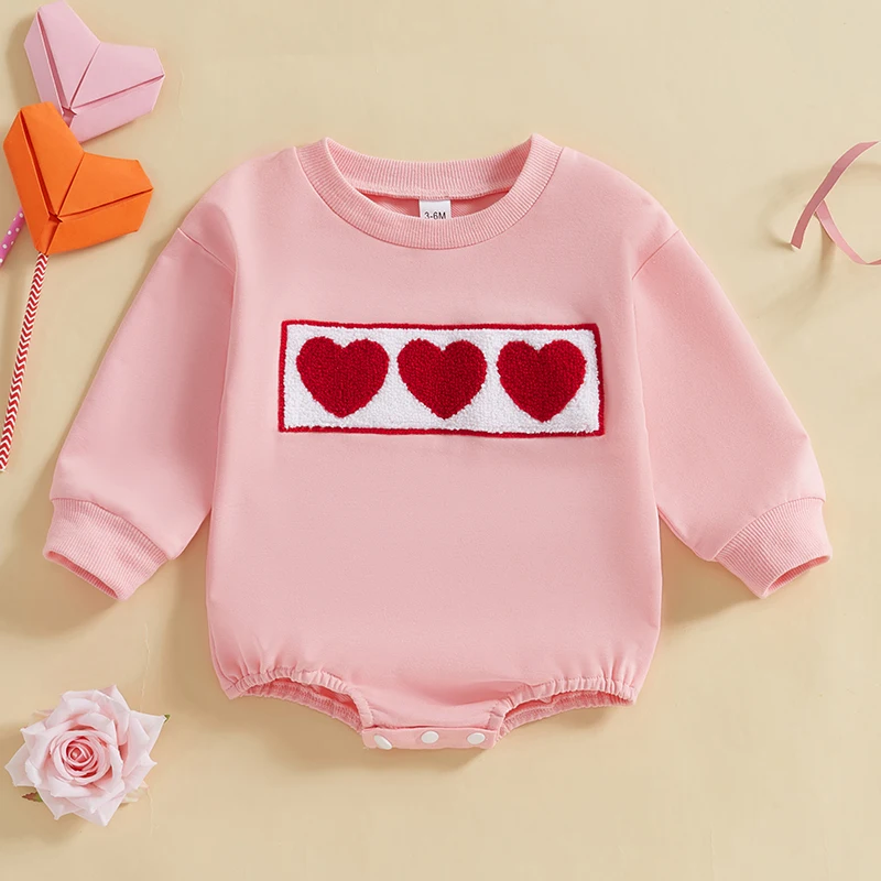 

Baby Girl Valentine’s Day Romper Long Sleeve Round Neck Heart Embroidery Bodysuit Cute Outfit for 0-18 Months