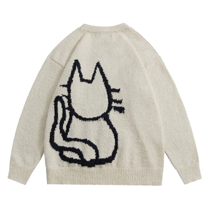 WOMEN Cute Cat Pattern Knitted Sweater CasualWarm Stretchy Crew Neck Pullover for Fall and Winter