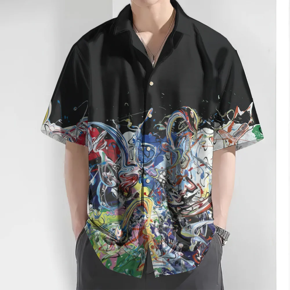 2024 New Men's Short Sleeve Shirt 3d Graffiti Gradient Printed Hawaiian Shirts For Men Summer Beach Casual Oversized Shirt Tops