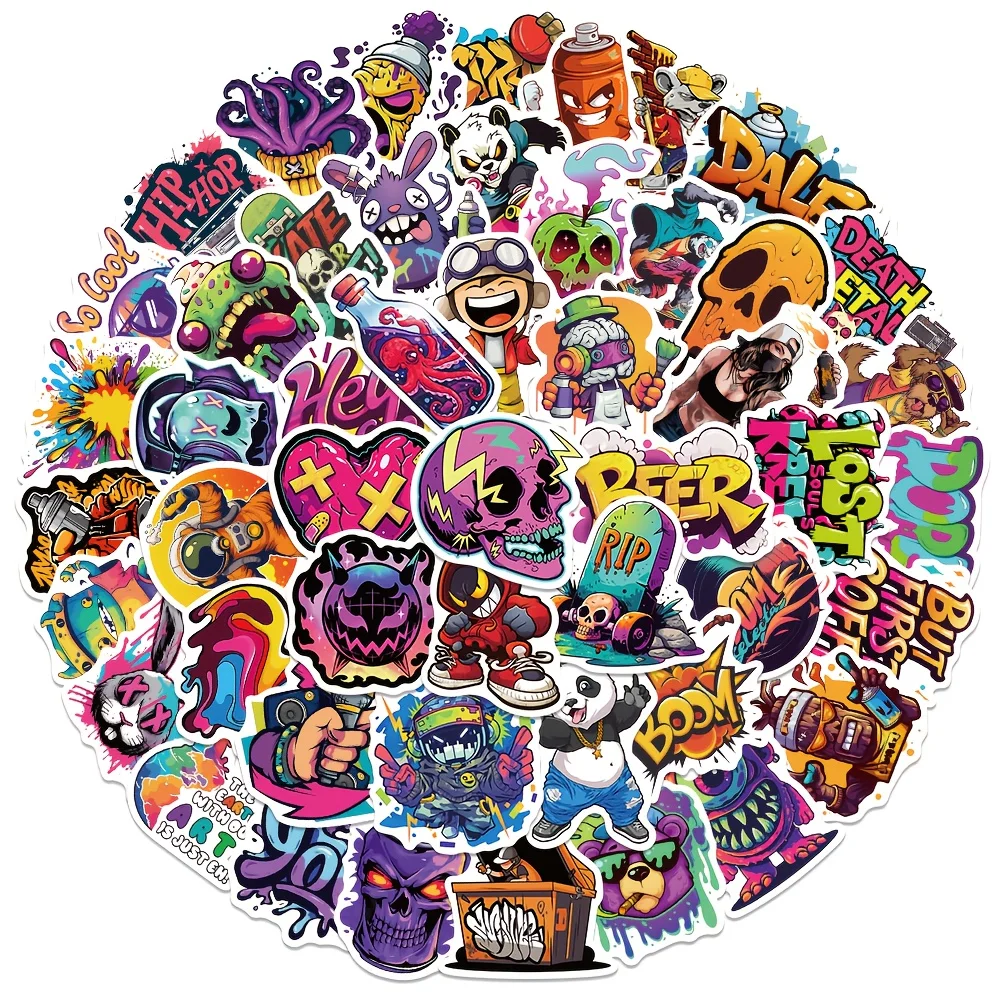 50pcs Cool Street Graffiti Sticker Cartoon Animal Skull Decal DIY Handbook Phone Luggage Fridge Surfboard Halloween Gift Sticker