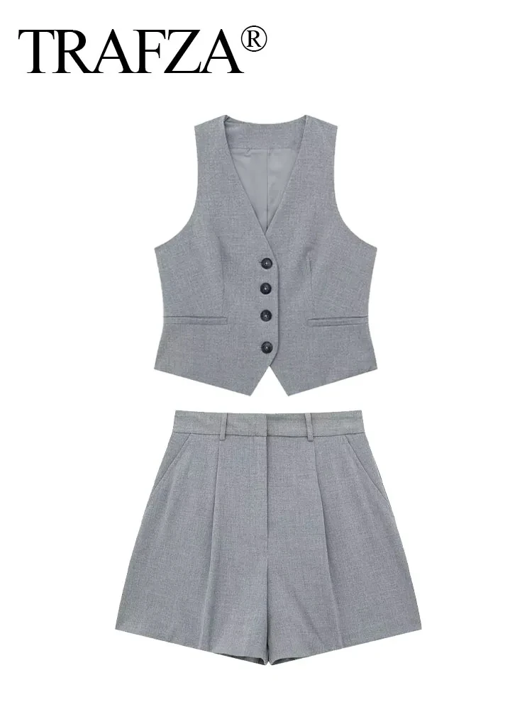 TRAFZA 2024 Summer Women Pant Set Grey V-Neck Single Breasted Sleeveless Vest Top + Wild Vintage Woman Shorts Commute Streetwear