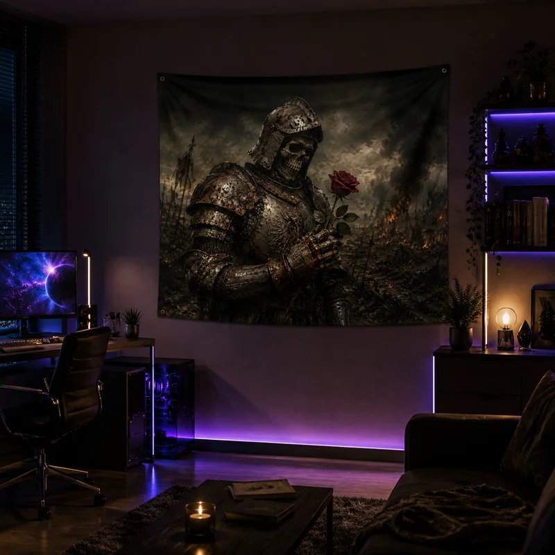 VIKAMA Dark Skeleton Knight Tapestry, Medieval Armored Warrior Holding a Red Rose Wall Hanging, Living Room Home Decor