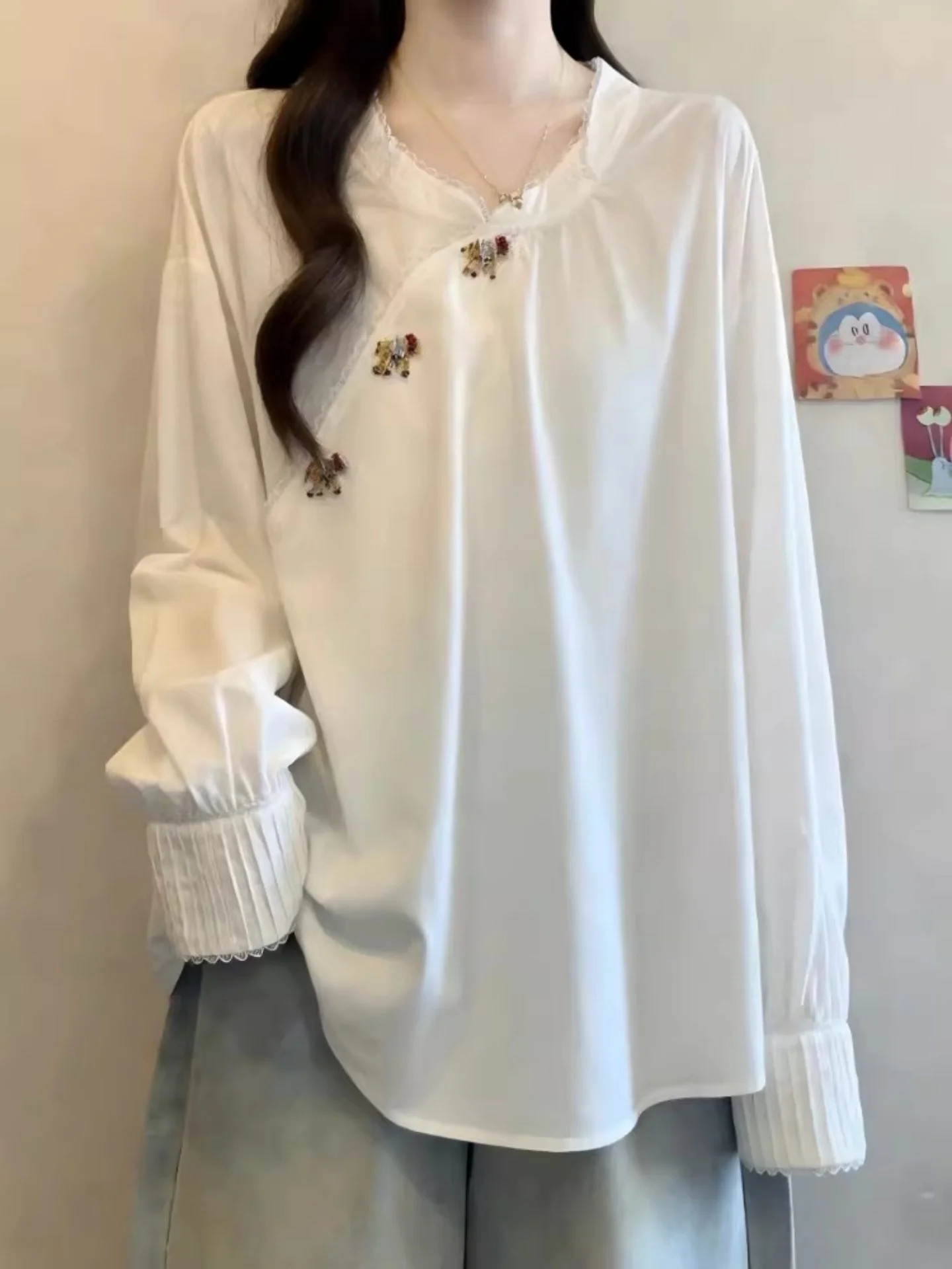 

Свободный длинный топ с кружевной отделкой для женщин больших размеров, весна 2026, новый, в китайском национальном стиле, скрывающий живот