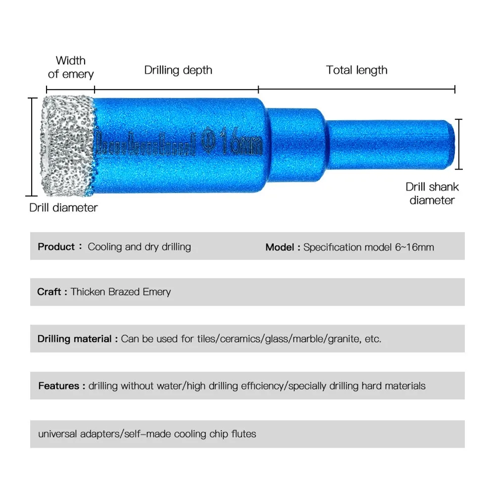 Coated Drill Bit Tile Marble Glass Ceramic Hole Opener Dry Drill Core Bit 6MM 8MM 10MM 12MM 14MM 16MM Dry Drilling Cooling Wax