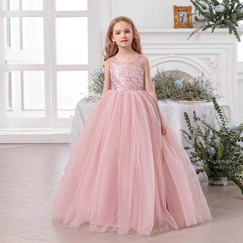 Mädchen glitzerndes Tüll-Puffärmel-Vintage-Kleid, Prinzessin, Hochzeit, Brautjungfer, Party, Urlaub
