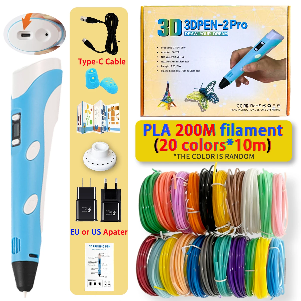 

Upgraded 3D Pen 3D Printing Pen Children DIY Drawing Pens Type-C Cable Power Adapter PLA Filament Boys Girls Birthday Gift