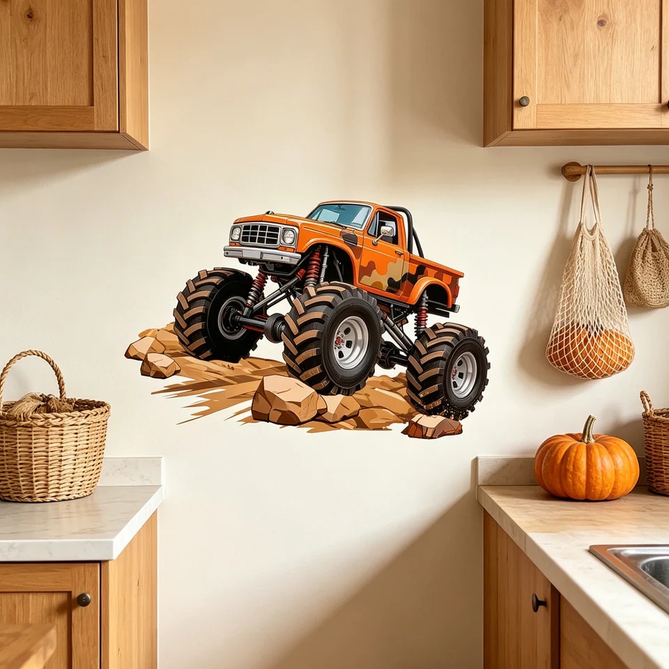1 orange camouflage monster truck off-road pickup truck large tire rock ground wall sticker