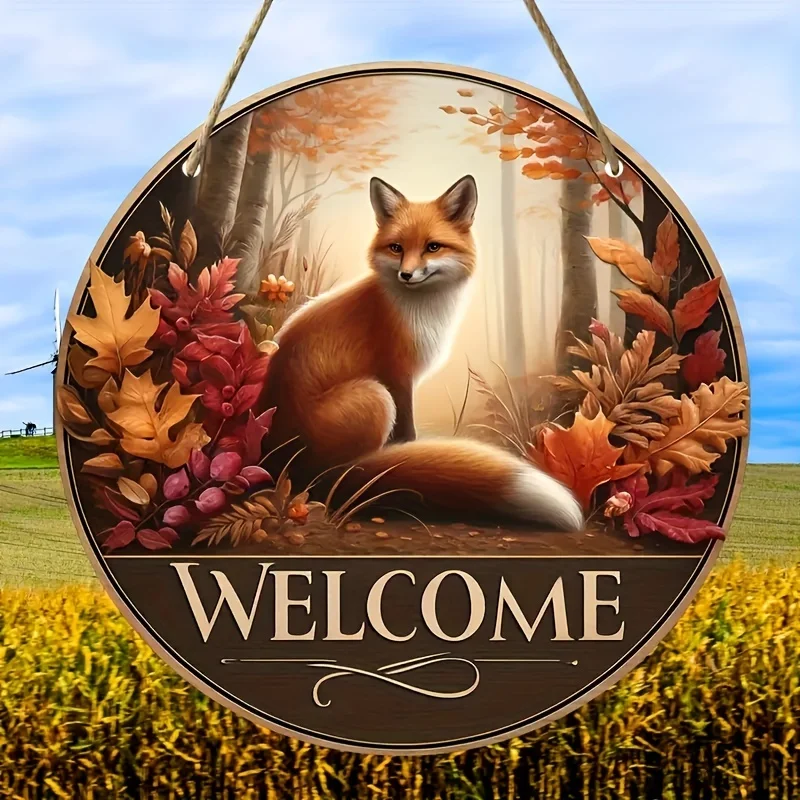 1pc Autumn Fox Theme Welcome Sign - Round Wood Wall Hanging Decor - Versatile Decorative Plaque for Home, Farm, Yard, Cafe, Rest
