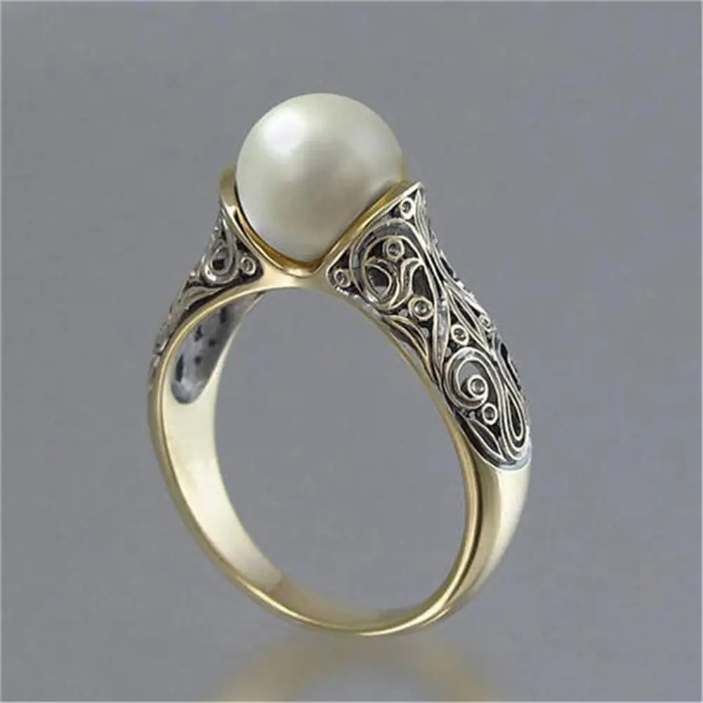 Women Vintage S925 Silver Gold Plated Jewelry Ring Artificial White Pearl Ring Wedding Engagement Casual Gift