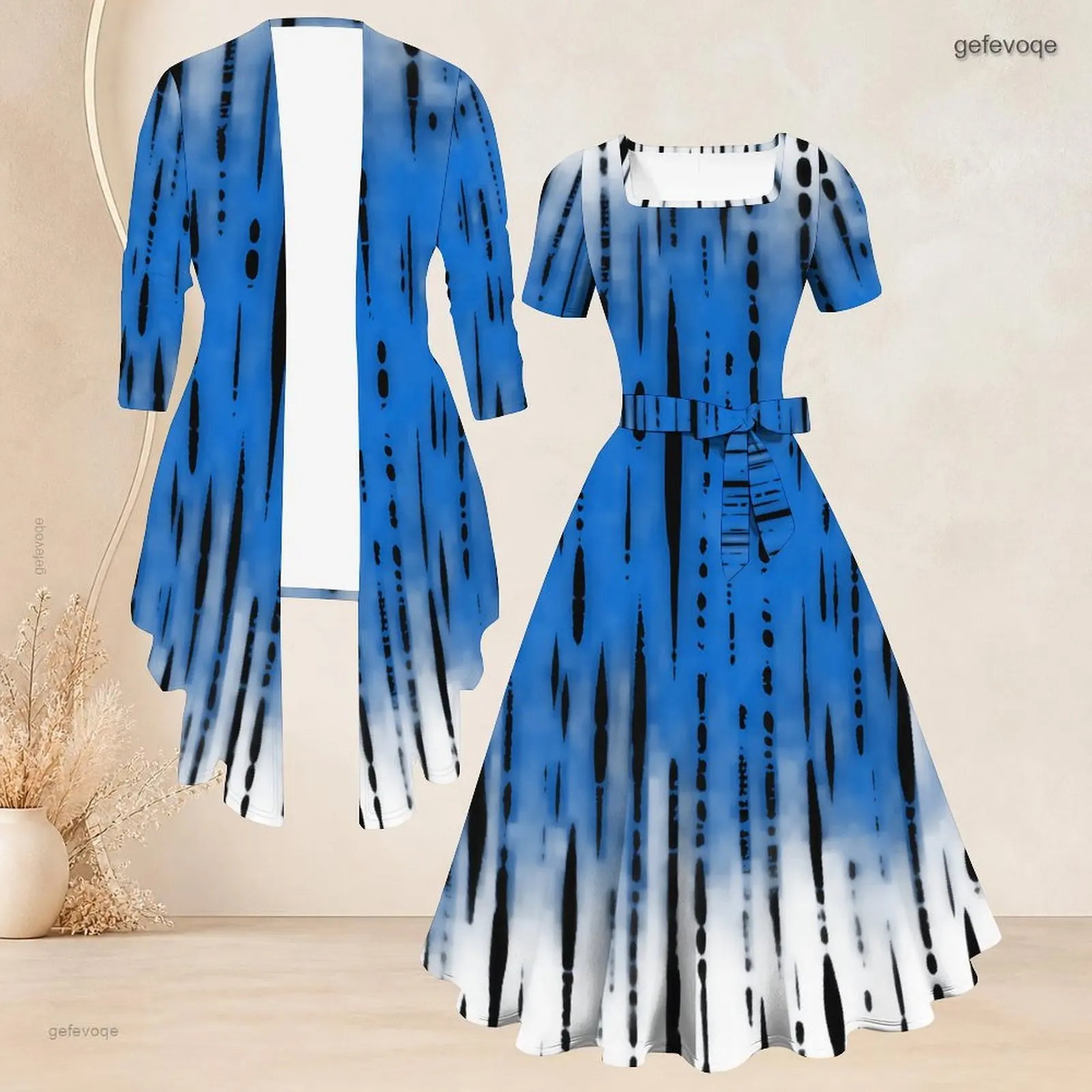 Printed Dress Set for Women Long Sleeve Cardigan Short Sleeve Tie Waist Flared Dress Two Piece