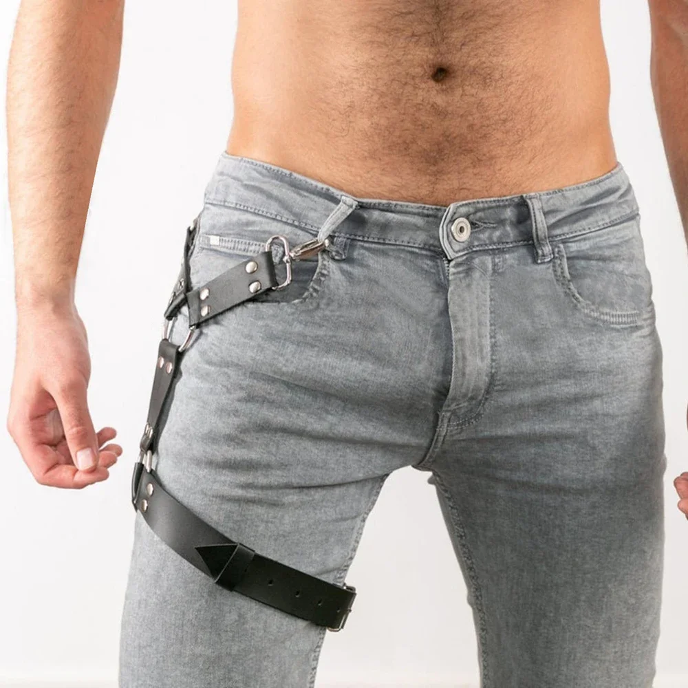 Bretella Punk uomo Pu imbracatura in pelle giarrettiera Bondage cintura per gambe bretelle per Jeans pantaloni accessori gotici portachiavi regolabile