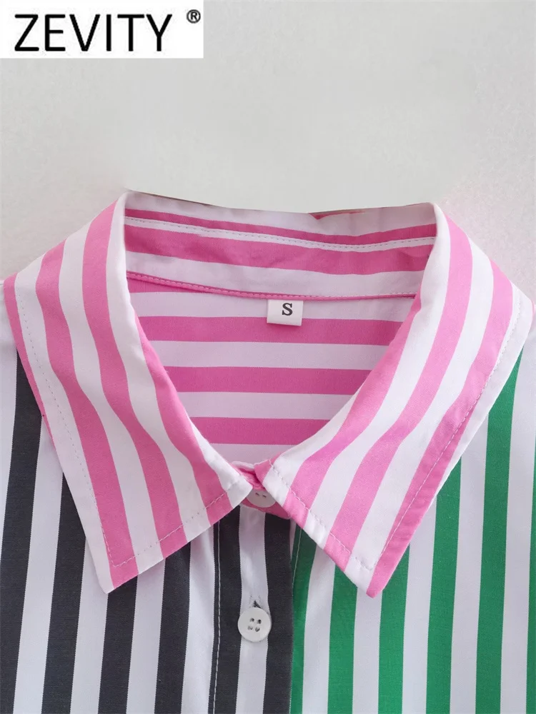 Zevity Women Fashion Color Matching Striped Print Smock Blouse Office Lady Breasted Shirt Business Chemise Blusas Tops LS1692