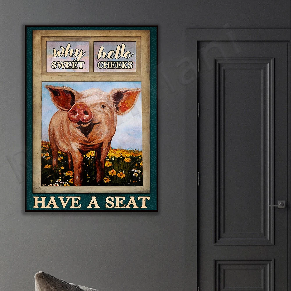 funny pig why hello sweet cheek bathroom poster, pig bathroom wall art, funny bathroom sign farmhouse decor, pig art prints