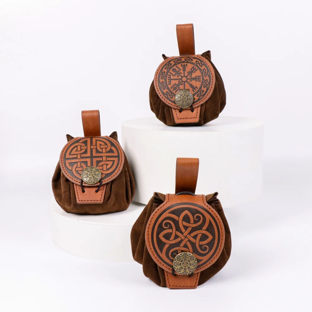 3 buste medievali in stile vichingo con portamonete da cintura, marsupi retrò, oggetti di scena per costumi di ruolo di Halloween