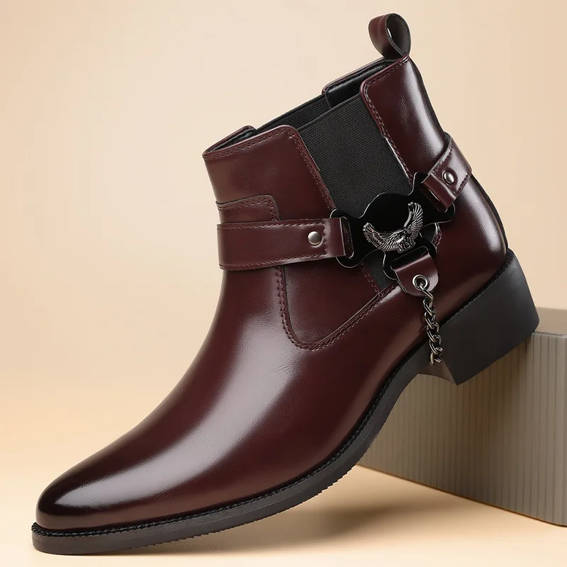 Men Fashion 2027 Pointed Pull-On Leather Booties British Style Business Ankle Boots Western Cowboy High Top Boot Men Dress Boots