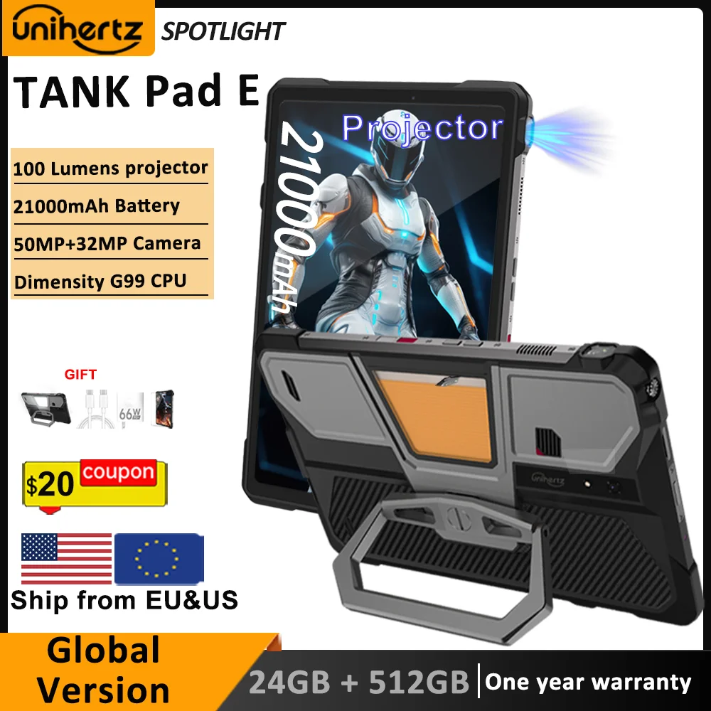 Unihertz 8849 TANK PAD E Rugged Tablet with Projector 21000mAh 120Hz IP68/IP69K 24GB 512GB 66W 10.95 inch Tablet Android 14 4G