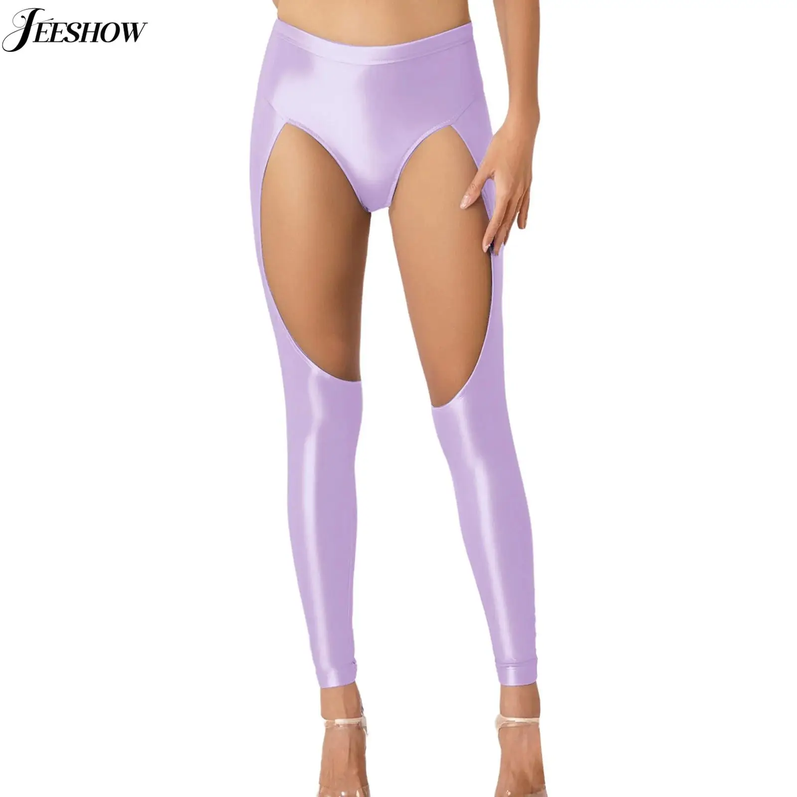 

Womens Glossy Hollow Out Yoga Pants Elastic Waistband Cut Out Leggings Semi Sheer Suspender Tights Workout Sport Skinny Pants