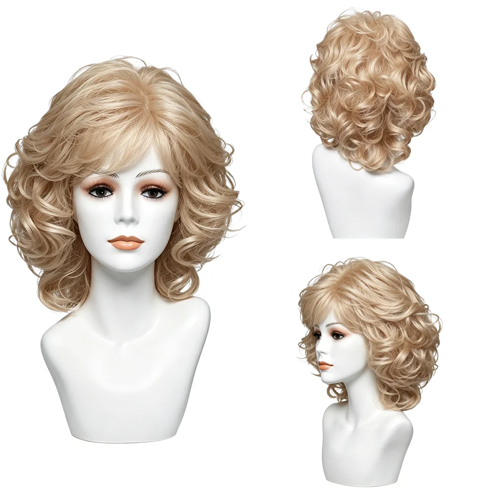 Women's Blonde Short Curly Wig Natural Looking Fluffy Wavy Bob Wigs Heat Resistant Synthetic Hair For Halloween Costume Daily