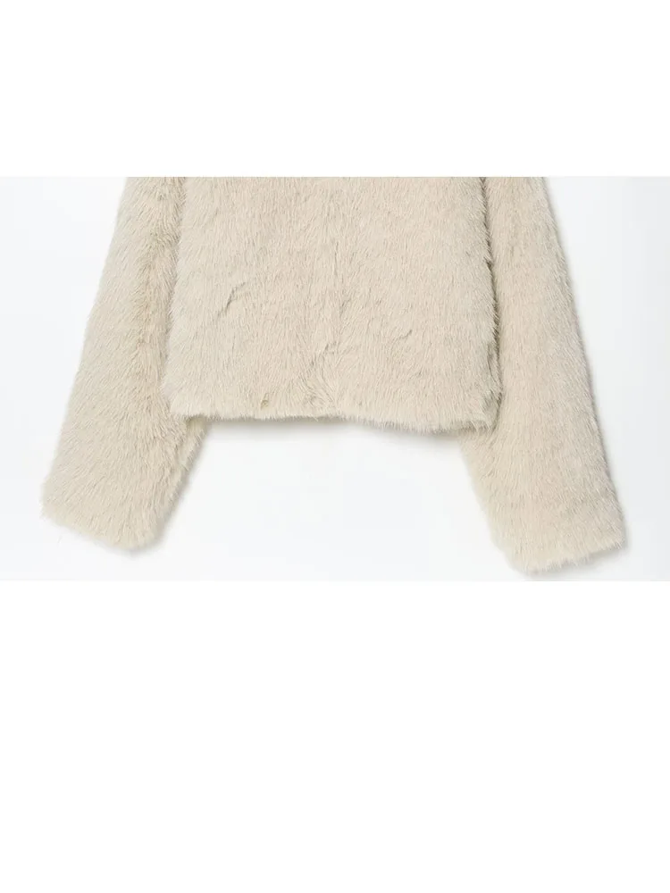 HH Neue Damenmode Winter Warme Jacke Mit Kunstfell Lange Ärmeln Halb Einfarbig Kurzmantel Lässige Lose Jacke