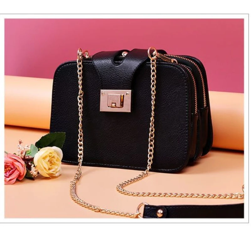 Black Pebbled PU Leather Small Square Crossbody Bag Gold Turn Lock Chain Handle Shoulder Handbag Phone Purse Commute for Women