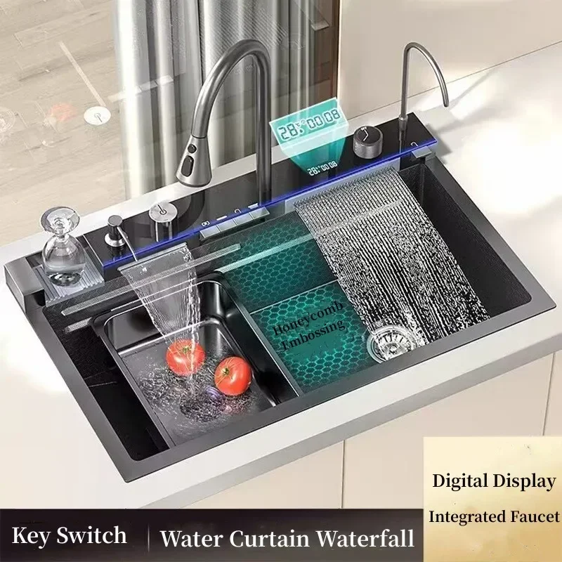 

Stainless Steel Kitchen Sink Double Waterfall Integrated Digital Display Faucet Set Cup Washer Vegetable Washing Basin