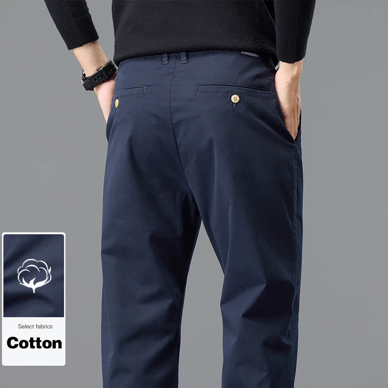 

97% Cotton Men's Casual Pants Spring New Fashion Blue Classic Loose Straight Elastic Business Work Trousers Comfortable Clothing