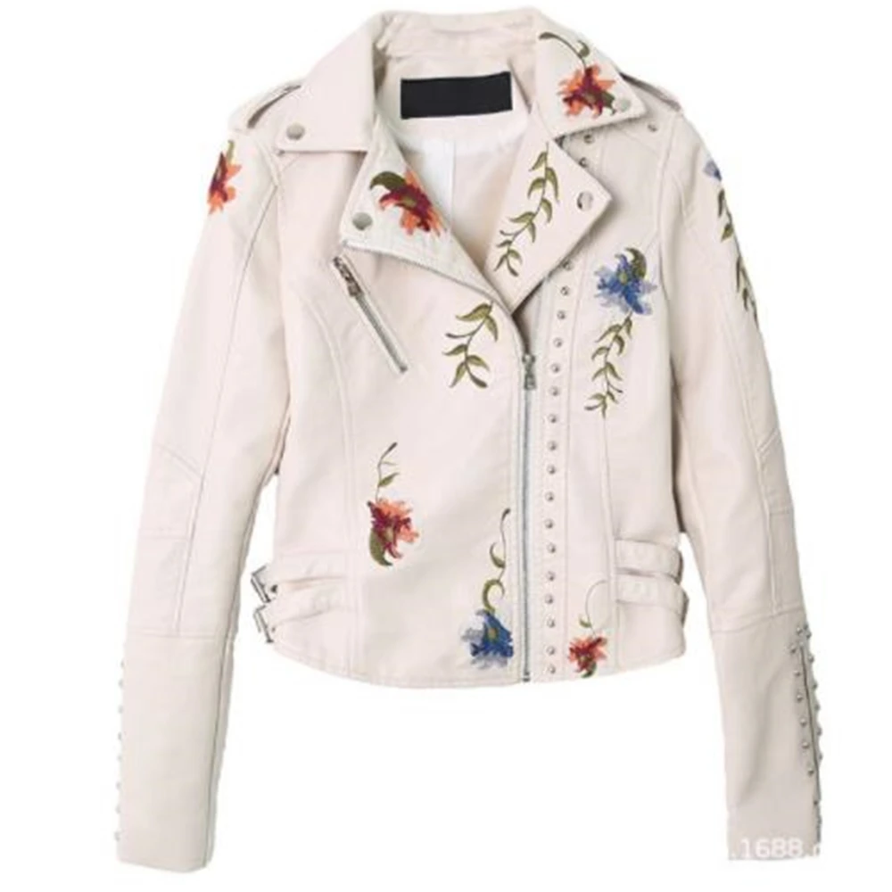 

Cuero Short Moto Jackets Pu Floral Leather Jacket Embroidery Rivet Long Sleeve Turn Down Oblique Zipper Woman Bikers Winter Coat