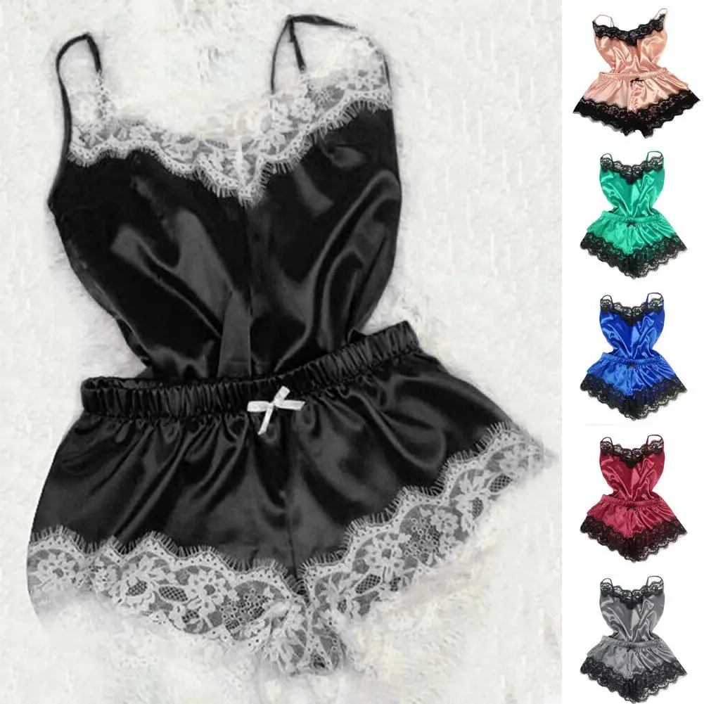 

Nightdress Set Fashion Lace Stitching Sleepwear Set Imitation Satin Pajama Set