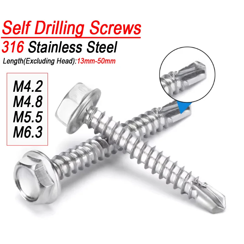 

5/10/20pcs M4.2 M4.8 M5.5 M6.3 316 A4 Stainless Hex Washer Head Self Drilling Screws Self Tapping Screws Metal Bolts