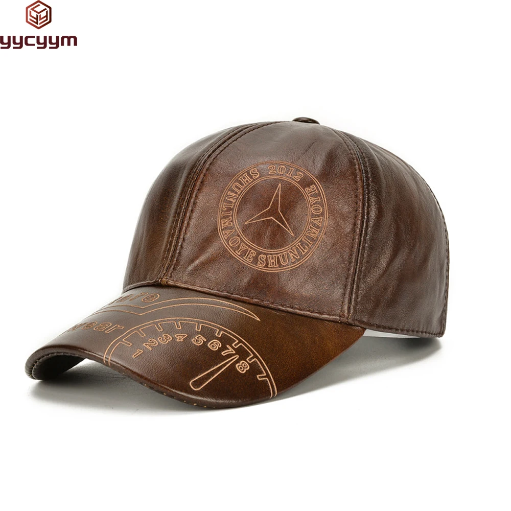 Fashion Men Genuine Cowhide Leather Baseball Cap Casual Real Leather Hat Autumn Winter Real Cowhide Leather Ear Protection Caps