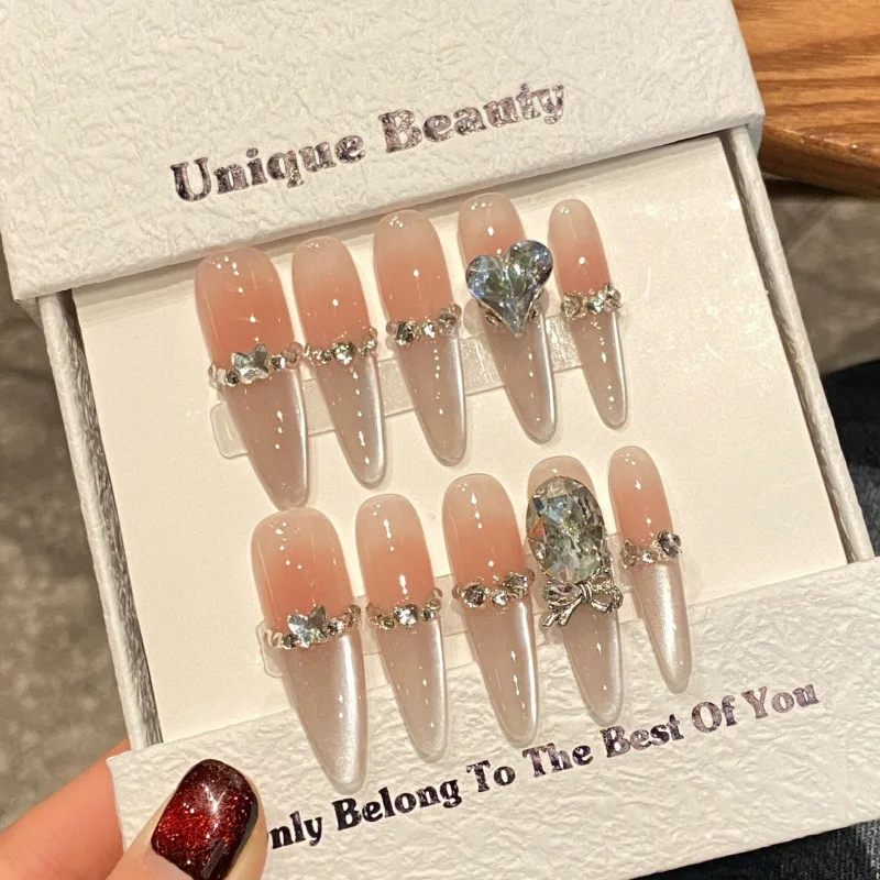 10pcs Long Cat Eye Stiletto Handmade Press on Nails Spicy Girls False Nails with 3D Love Rhinestone Design Uas  