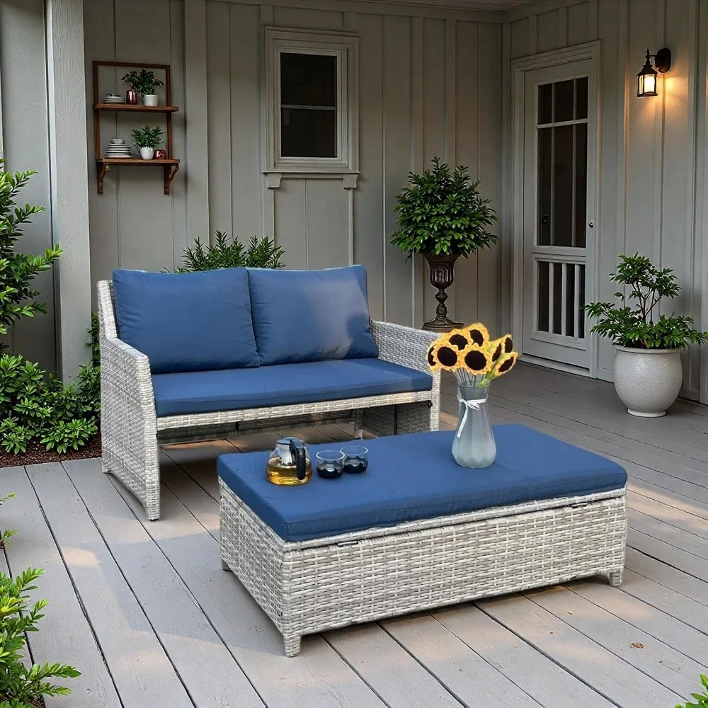 

2 Piece Patio Loveseat, Outdoor Patio Sofa with Coffee Table, Wicker Couch with Built-in Storage Bin, for Balcony,Porch,Pool(Gra